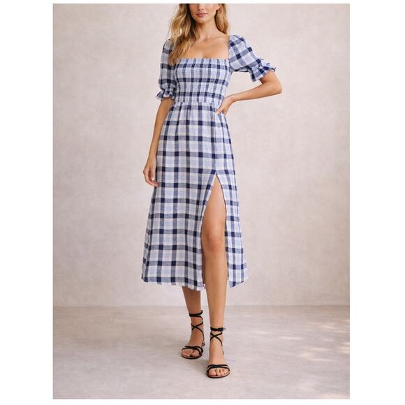 Reformation Dresses & Skirts - Reformation Marabella Linen Puff Sleeve Midi Dress Blue Gingham Check Size Small